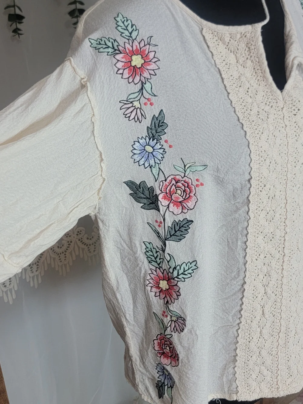 Blue Rain Ivory Embroidered Boho Peasant Blouse | Crochet Lace Tassel Tie Top